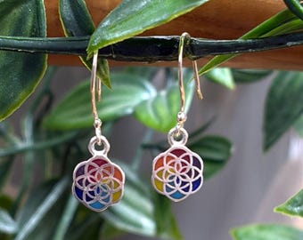 Peruvian Fair Trade 950 Sterling Silver Flower Earrings – Colorful Mosaic Dangle Studs – Artisan Handmade Statement Jewellery