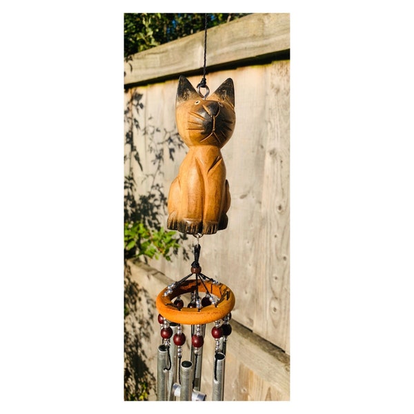 Cat Wind Chime - Bamboo & Aluminium - Handmade Hanging Accessory - 50 cm