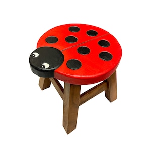 Childrens Wooden Stool Novelty Ladybird Design Kids Stool Step Chair Fair Trade Hand Made And Carved Solid Wood Boys or Girls 26x26cm