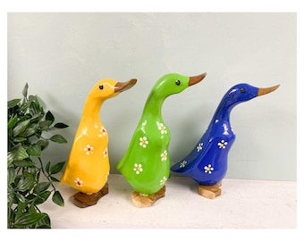 Hand Carved Duck Ornament with a Flowers Green Blue Indoor Or Outdoor Wooden Fair Trade Bamboo Root Sculpture