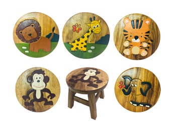 Childrens Wooden Stool Novelty Assorted Design Kids Stool Step Chair Fair Trade Hand Made And Carved Solid Wood Boys or Girls 26x26cm