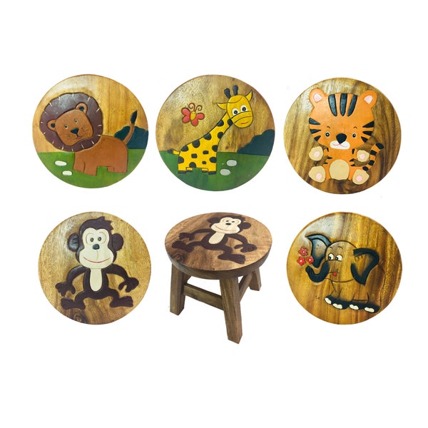 Childrens Wooden Stool Novelty Assorted Design Kids Stool Step Chair Fair Trade Hand Made And Carved Solid Wood Boys or Girls 26x26cm