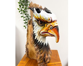 Large Wooden Eagle Statue, Hand Painted Natural Ornament