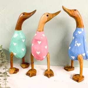 Hand Carved Duck Ornament with Hearts Green Pink Or Blue Wooden Fair Trade Bamboo Root Sculpture