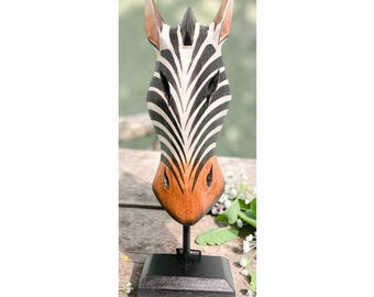 Zebra Mask Natural on Plinth Wooden Hand Carved Art Fair Trade Hand Painted Jungle Animal African Safari Masks 2 Sizes
