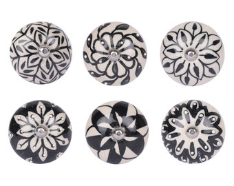 Boutons de porte en céramique peints à la main en noir et blanc, ensemble de commodes et de placards, motif monochrome, fleur, mandala géométrique