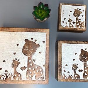 Wooden Hand Carved Square Boxes Various Sizes Mango Wood Indian Fair Trade Giraffe with Baby Trinket or Jewellery Box