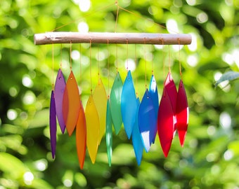 Small Glass Wind Chime Multicolours Leaves Windchime Garden Art Window Home Decor Mobile Suncatcher Fair Trade Gift Rainbow