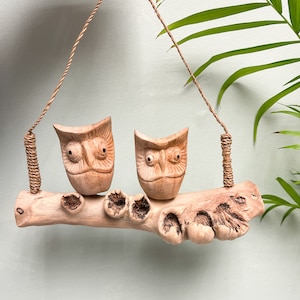 Hand Carved Owl Ornament on Parasite Wood Base Hanging Home Decor - Wooden Carving Owls Wall Ornament Fair Trade