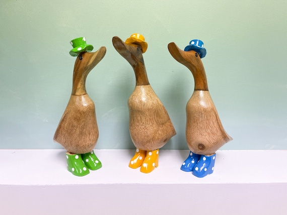 Hand Carved Duck Ornament Wellies and Hat Green Yellow or Blue