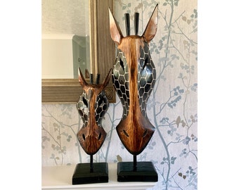 Giraffe Side Mask on Plinth - Wood - Hand Carved - Free Standing Ornament