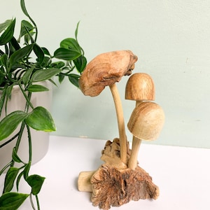 Wooden Carved Mushroom Ornament Three Mushrooms Wood Carving Fair Trade Toadstools Fungi Parasite Wood