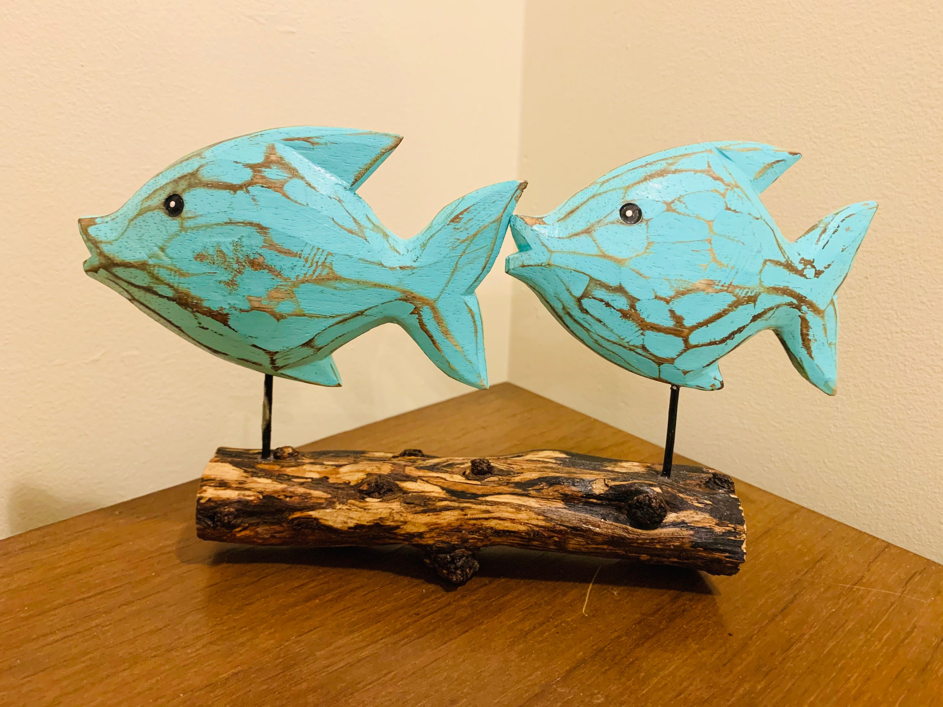 Double Fish White Wash Wood Carving on Plinth Log Ornament Natural