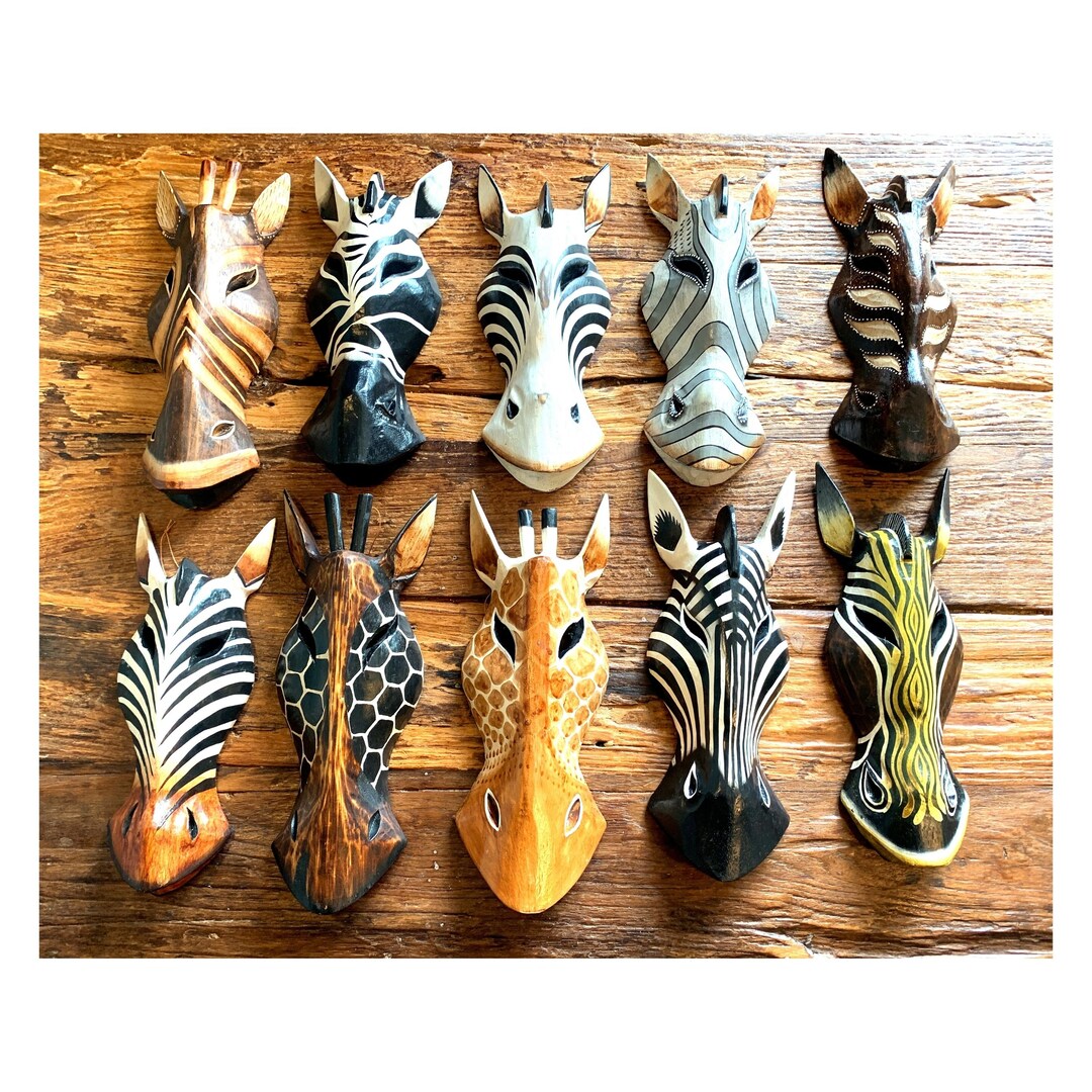 Wooden Animal Masks Wall Hanging Hand Carved Albesia Wood Decoration