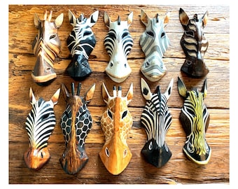 Wooden Animal Masks Wall Hanging - Hand Carved Albesia Wood Decoration Various Designs 30cm