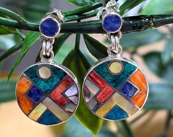 Peruvian Fair Trade 950 Sterling Silver Circle Earrings – Colorful Mosaic Dangle Studs – Artisan Handmade Statement Jewellery