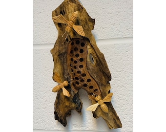 Decorative Wooden Bee Hotel Hanging with Three Hand Carved Ornamental Bees Natural Wood Fair Trade