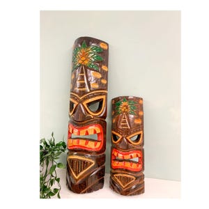 Hawaiian Tiki Mask Wall Hanging - Hand Carved Albesia Wood Decoration Tiki Bar Hut Man Cave Beach Bar Decor Wall Hanging Quirky Garden
