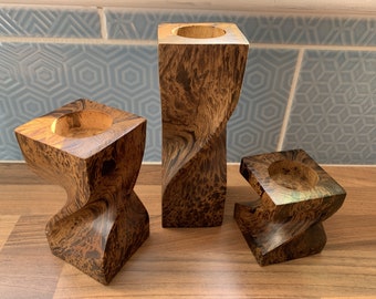 Tea Light Twist Platforms - Wood Handmade Decorative Candle Holders Hand Carved Tea Light Decor Gift Present Living Room - Set of 3