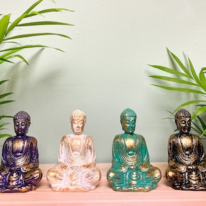 Gold Leaf Buddha Statue Ornament Meditating Sitting Figure Figurine White Gloss Finish Trendy Quirky Ornament Fair Trade Buddhism Buddhist