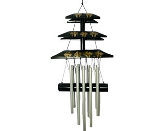 Black and Gold Temple Bamboo Wind Chime with Iron Chimes Fair Trade