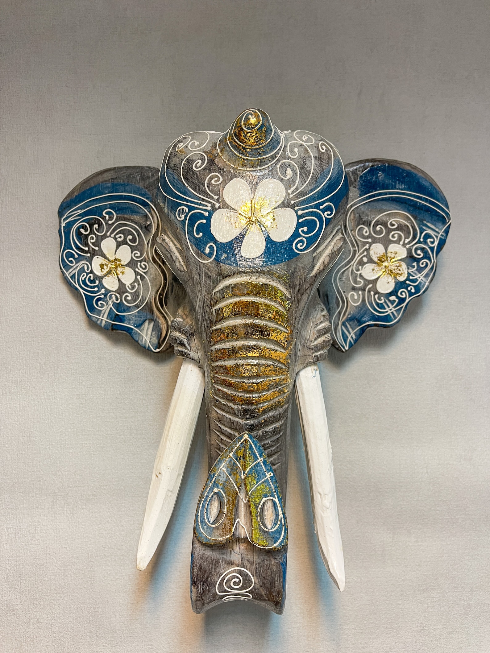 Elephant Wall Mask Gold Flower Blue Grey Hanging Boho Wooden - Etsy