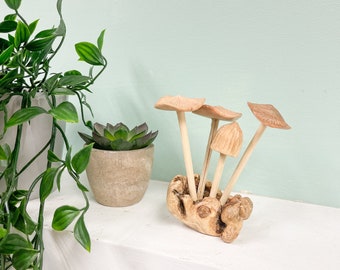 Wooden Carved Mushroom Ornament Group of 5 Mushrooms Wood Carving Fair Trade Toadstools Fungi Parasite Wood