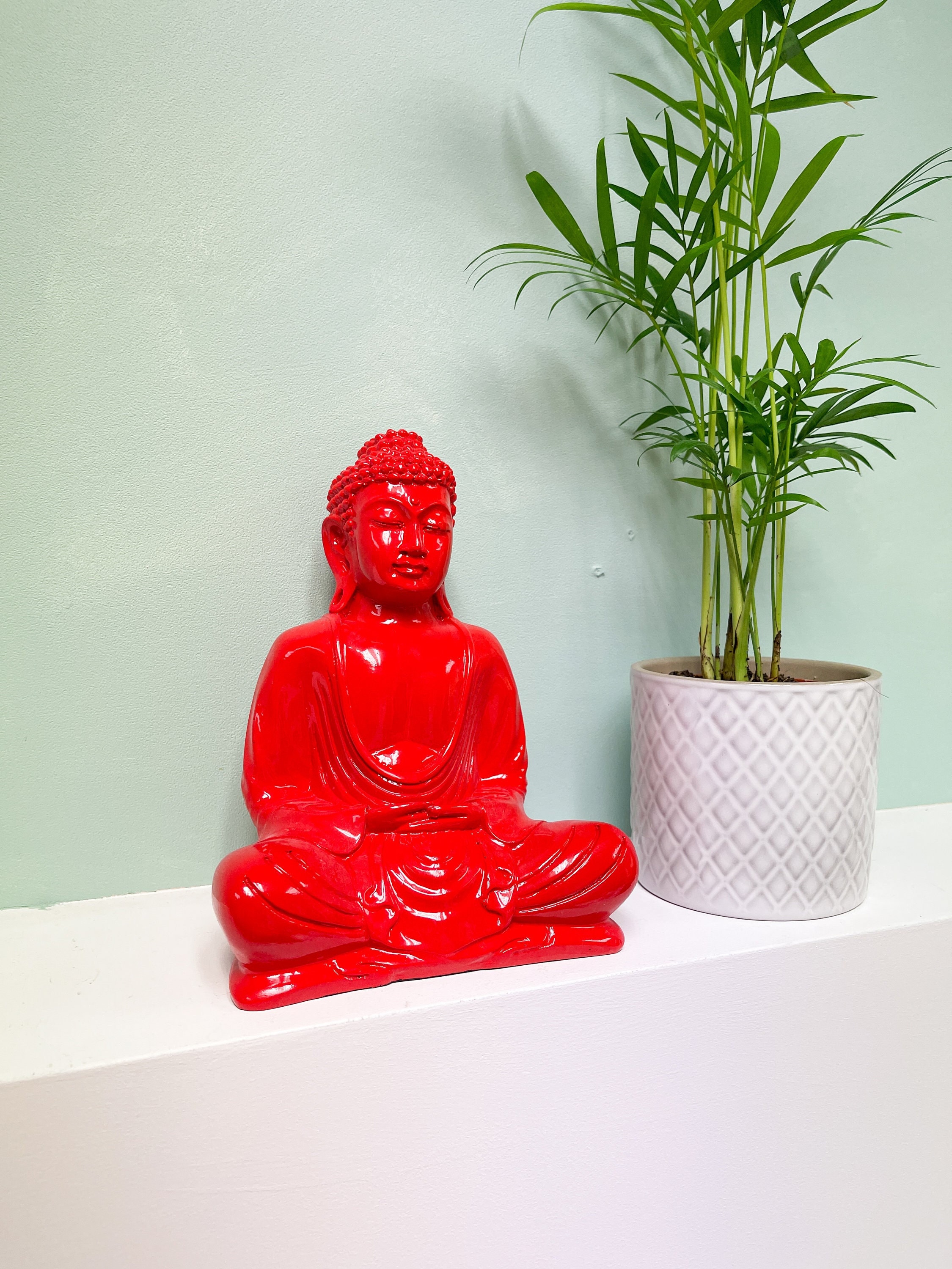 Red Buddha Ornament Meditating Sitting Figure Statue Figurine Red