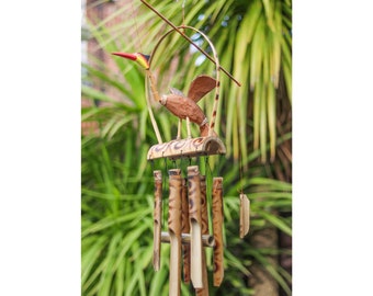 Bird Bamboo Wind Chime in Brown - Bamboo & Coconut - Hand Carved Hanging Garden Decor