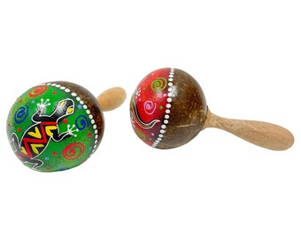 Spray Painted Animal Maracas - Multicoloured Coconut - Hand Carved Musical Instrument Fair Trade Wooden Wood African Traditional Instrument