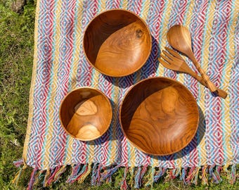 Teak Wood Bowl Set of 3 - Home Decor Serving Salad Bowl Decorative Natural Rustic Wood Grain Wooden Hand-carved