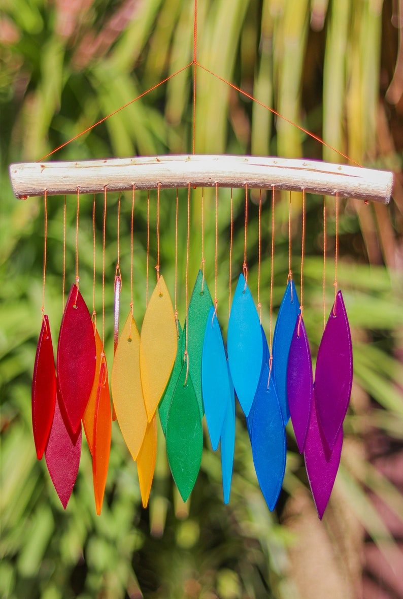 Glass Wind Chime Multicolours Leaves Windchime Garden Art Window Home Decor Mobile Suncatcher Fair Trade Gift Rainbow image 2