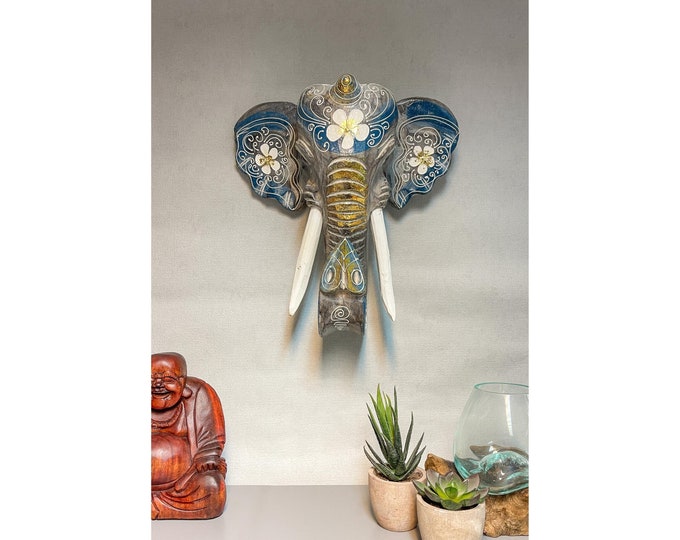 Elephant Wall Mask - Gold Flower Blue Grey Hanging Boho Wooden Hand Carved Art Fair Trade Hand Painted Animal African Safari Masks 2 Sizes