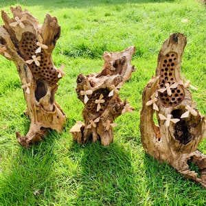 Extra Large Wooden Freestanding Bee Hotel with Six Hand Carved Ornamental Bees Natural Wood Fair Trade