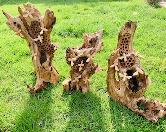 Extra Large Wooden Freestanding Bee Hotel with Six Hand Carved Ornamental Bees Natural Wood Fair Trade