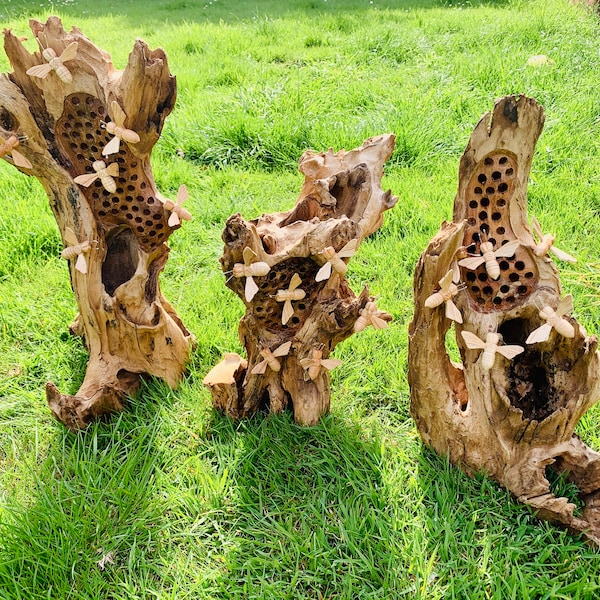 Extra Large Wooden Freestanding Bee Hotel with Six Hand Carved Ornamental Bees Natural Wood Fair Trade