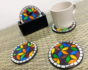 Rainbow Flower and Mosaic Round Coasters Terracotta Handmade Fair Trade Glass Decorative Rainbow Unique Home Decor - Set of 4
