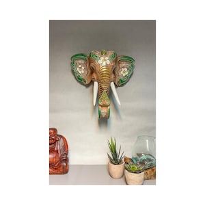 Elephant Wall Mask - Hanging Wooden Hand Carved Art Fair Trade Hand Painted Animal African Safari Masks Green Gold Natural Flower Boho Decor