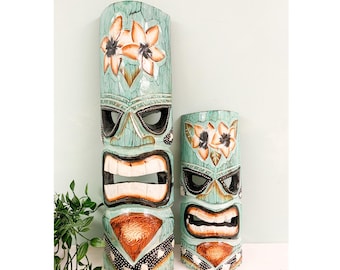 Hawaiian Tiki Mask Wall Hanging - Hand Carved Albesia Wood Decoration Tiki Bar Hut Man Cave Beach Bar Decor Wall Hanging Quirky Garden