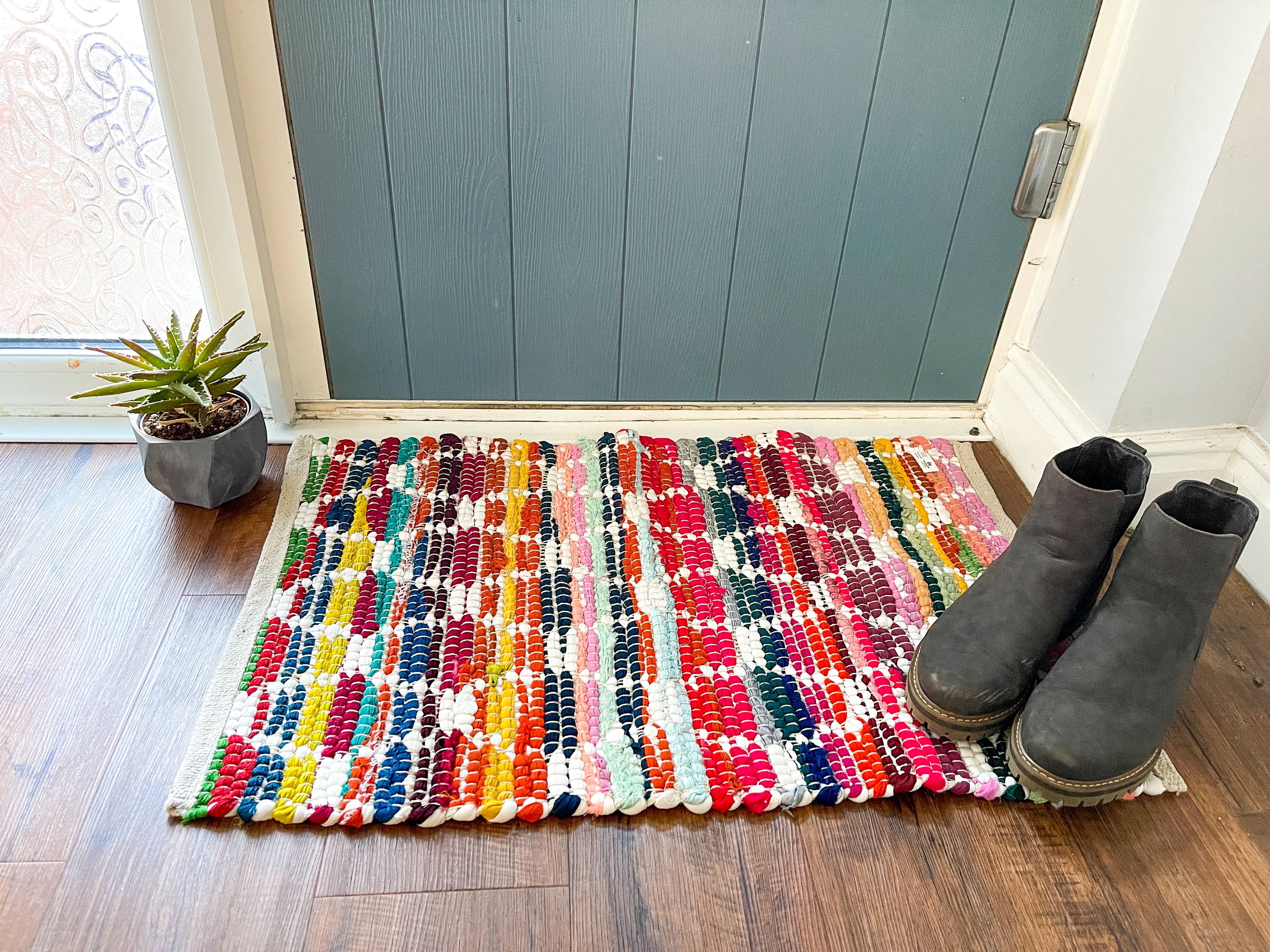 Indian Chindi Rug - Multicoloured Rainbow Recycled Cotton Sustainable Boho Hippie Fairtrade Handmade Textiles
