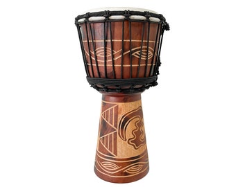 Djembe Drum Musical Instrument Hand Made Fair Trade Hand Carved Tribal Design Carving Pattern Handheld Drums 40cm 16"