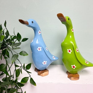 Hand Carved Duck Ornament with a Flowers Green Blue Indoor Or Outdoor Wooden Fair Trade Bamboo Root Sculpture