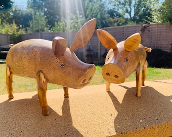 Bamboo Plain Pig Statue in Brown Hand Carved Animal Figurine