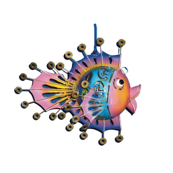 Metal Painted Lantern Fish - Multicoloured Metal - Handmade Decorative Ornaments