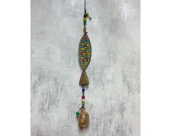Fish Iron Wind Chime with Glass Beads Garden Decor Hanging Indoor Outdoor Ornament Nautical