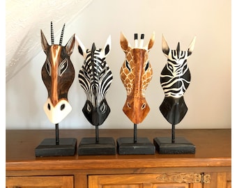 Wooden Animal Masks on Plinth Hand Carved Art Fair Trade Hand Painted Jungle Animal African Safari Masks 2 Sizes