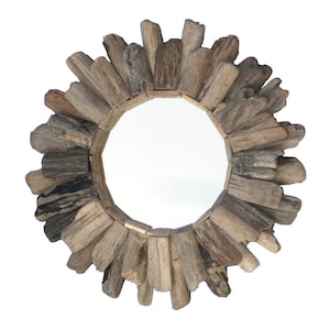 Round Driftwood Sun Mirror - Brown Rustic Beach Wood Nautical Handmade Wall Mounted Décor