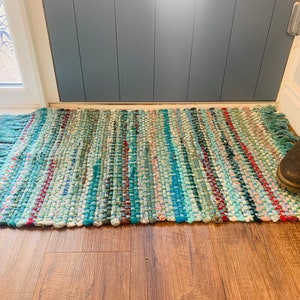 Turquoise Chindi Rug - Recycled Cotton Indian Sustainable Boho Hippie Fairtrade Handmade Rainbow Textiles Blue Teal