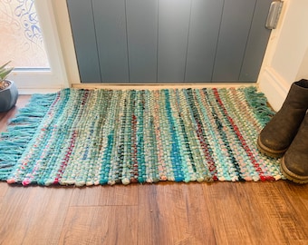 Turquoise Chindi Rug - Recycled Cotton Indian Sustainable Boho Hippie Fairtrade Handmade Rainbow Textiles Blue Teal