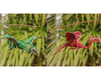 Bamboo Flying Dragon Nodding Head in Red or Green - Natural Bamboo And Coconut Shell Hand Carved Fair Trade